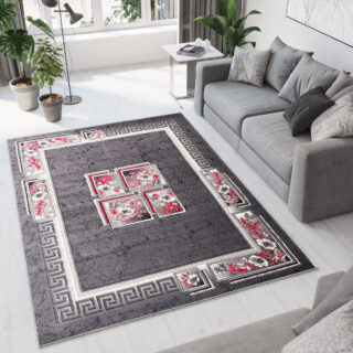 Vloerkleed Dream Grijs Rood Bloemen Vierkanten