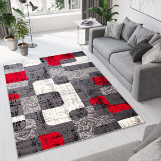 Vloerkleed Dream Grijs Wit Rood Meetkundige Figuren