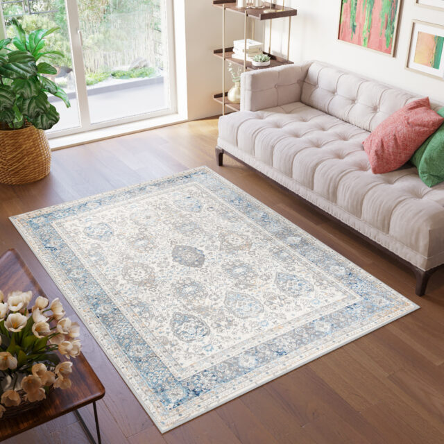 Vloerkleed Valley Grijs Blauw Vintage Frame