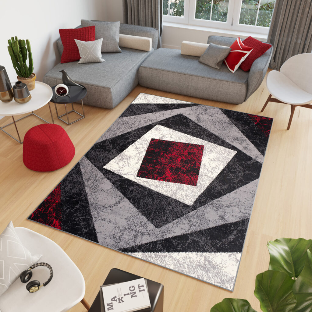 Vloerkleed Dream Geometrisch Grijs Rood Vierkanten