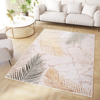 Vloerkleed Crystal Groen Goud Crème Bladeren 3D Effect