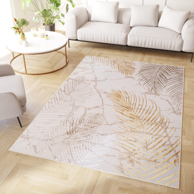 Vloerkleed Crystal Gold Bruin Creme Bladeren 3D Effect