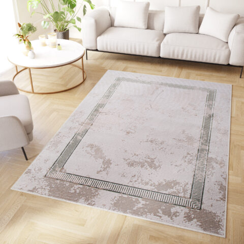 Vloerkleed Crystal Groen Beige Frame Gevlekt 3D Effect