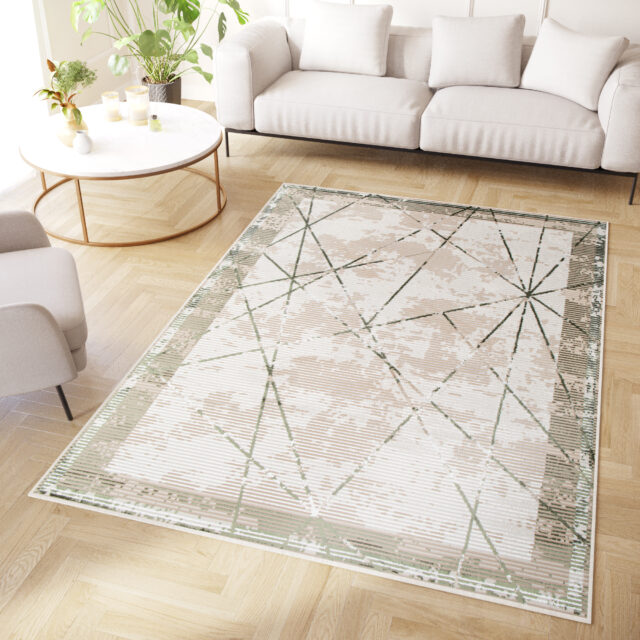 Vloerkleed Crystal Groen Beige Frame Geometrisch 3D Effect