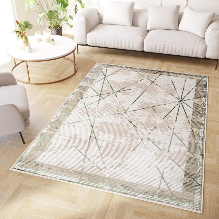 Vloerkleed Crystal Groen Beige Frame Geometrisch 3D Effect