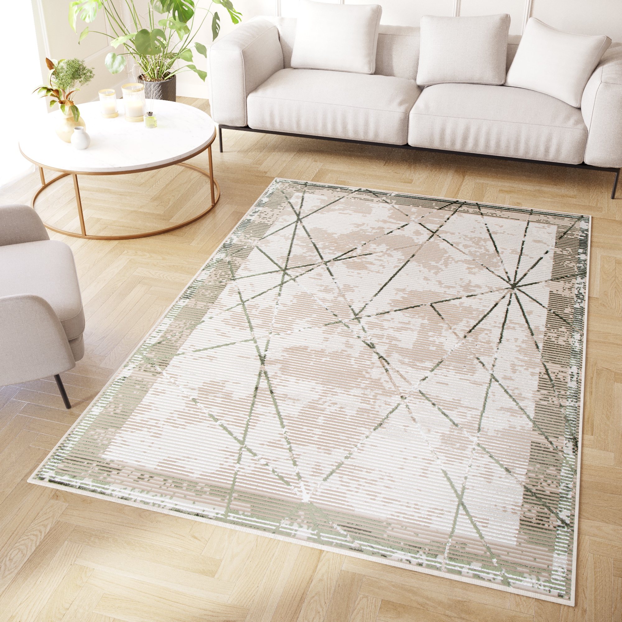 Vloerkleed Crystal Groen Beige Frame Geometrisch 3D Effect