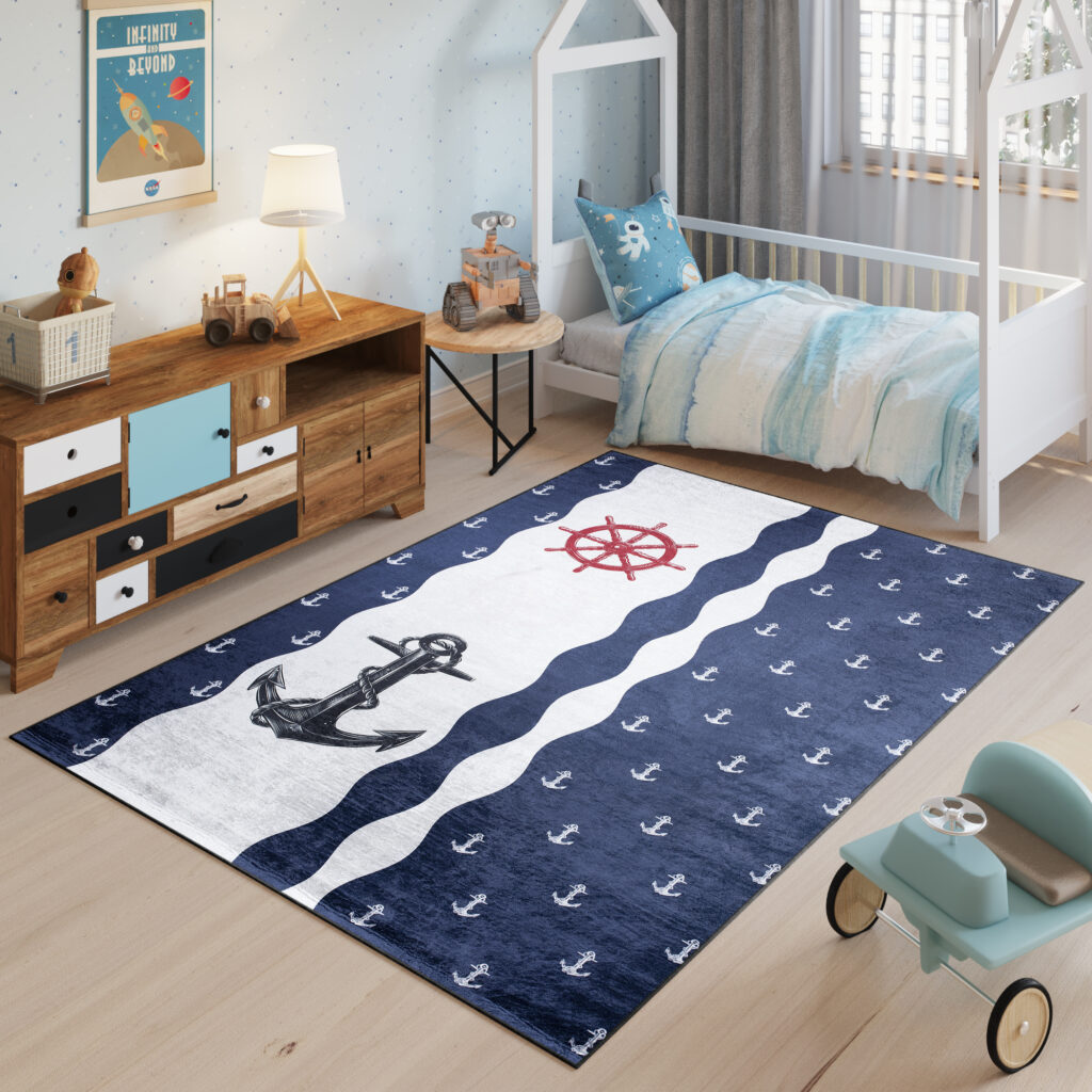 Vloerkleed Emma Kinderkamer Donkerblauw Wit Ankers Antislip