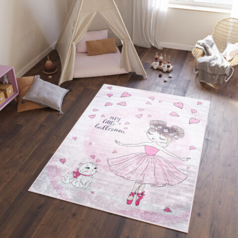 Vloerkleed Emma Kinderkamer Roze Ballerina Poes Antislip
