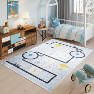 Vloerkleed Emma Kinderkamer Blauw Grijs Hinkelen Antislip