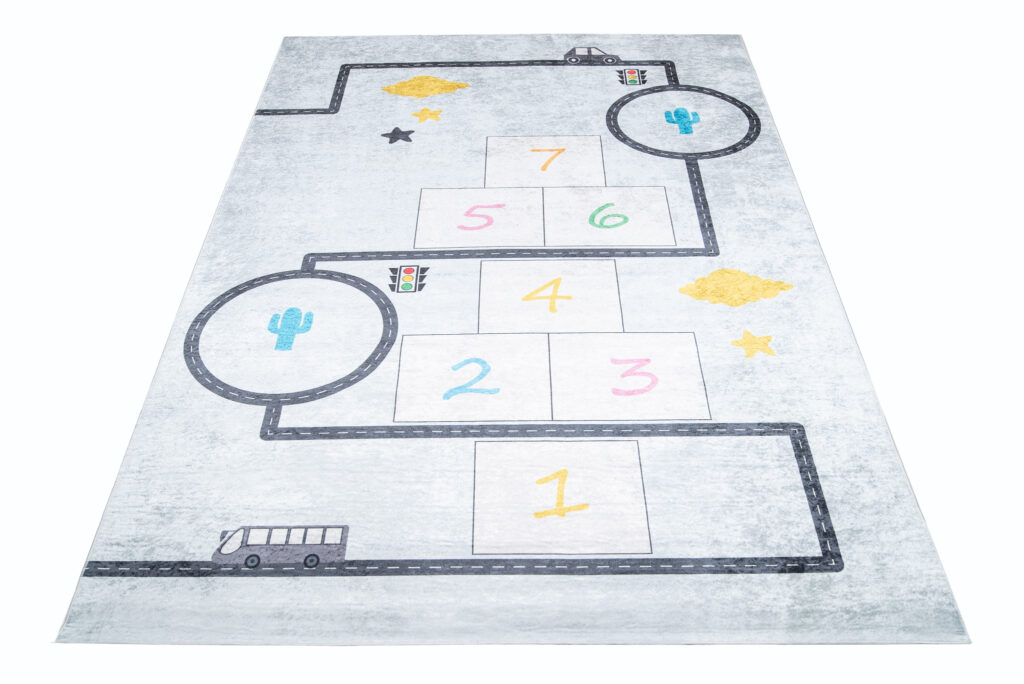 Vloerkleed Emma Kinderkamer Blauw Grijs Hinkelen Antislip