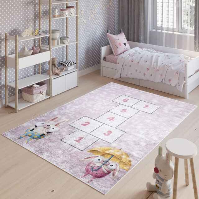 Vloerkleed Emma Kinderkamer Roze Konijnen Hinkelen Antislip