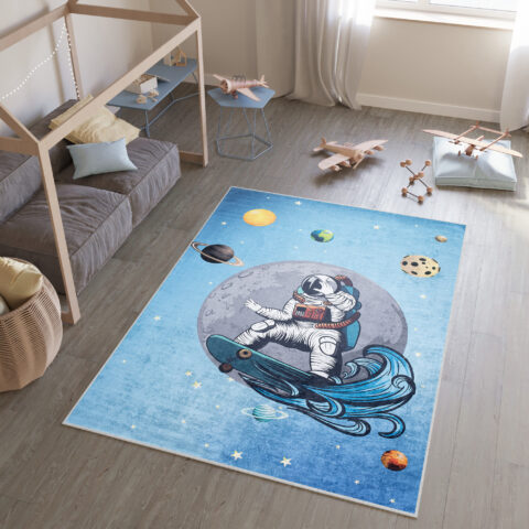 Vloerkleed Emma Kinderkamer Blauw Heelal Antislip