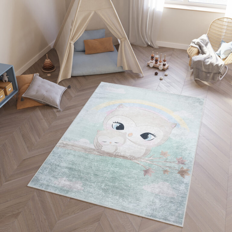 Vloerkleed Emma Kinderkamer Turkoois Uil Antislip