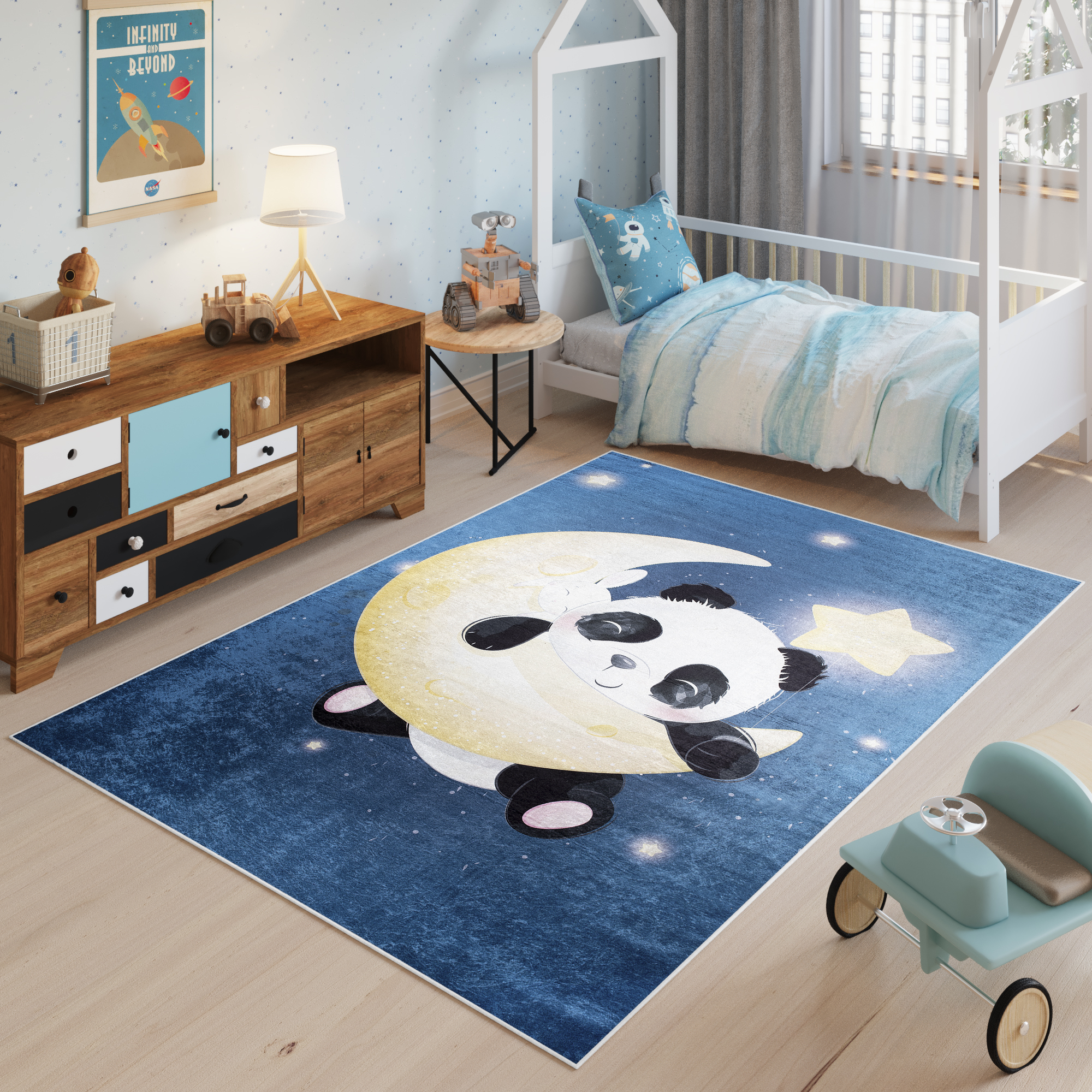 Vloerkleed Emma Kinderkamer Donkerblauw Panda Antislip