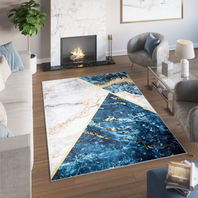 Vloerkleed Toscana Blauw Grijs Gouden Marmer