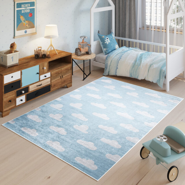 Vloerkleed Emma Kinderkamer Licht Blauw Wolken Antislip