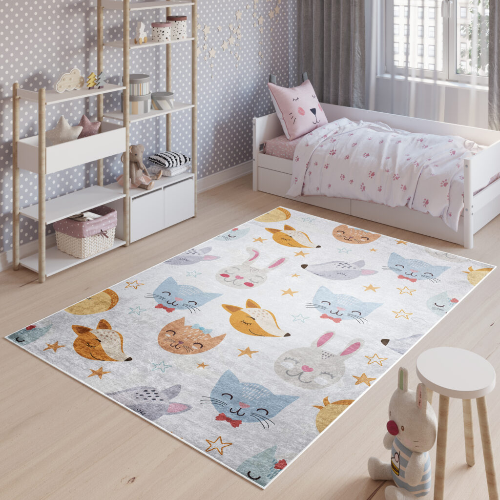 Vloerkleed Emma Kinderkamer Grijs Kleurrijk Dieren Antislip