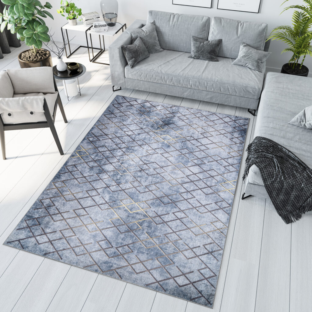 Vloerkleed Toscana Geometrisch Blauw Gouden Vierkanten