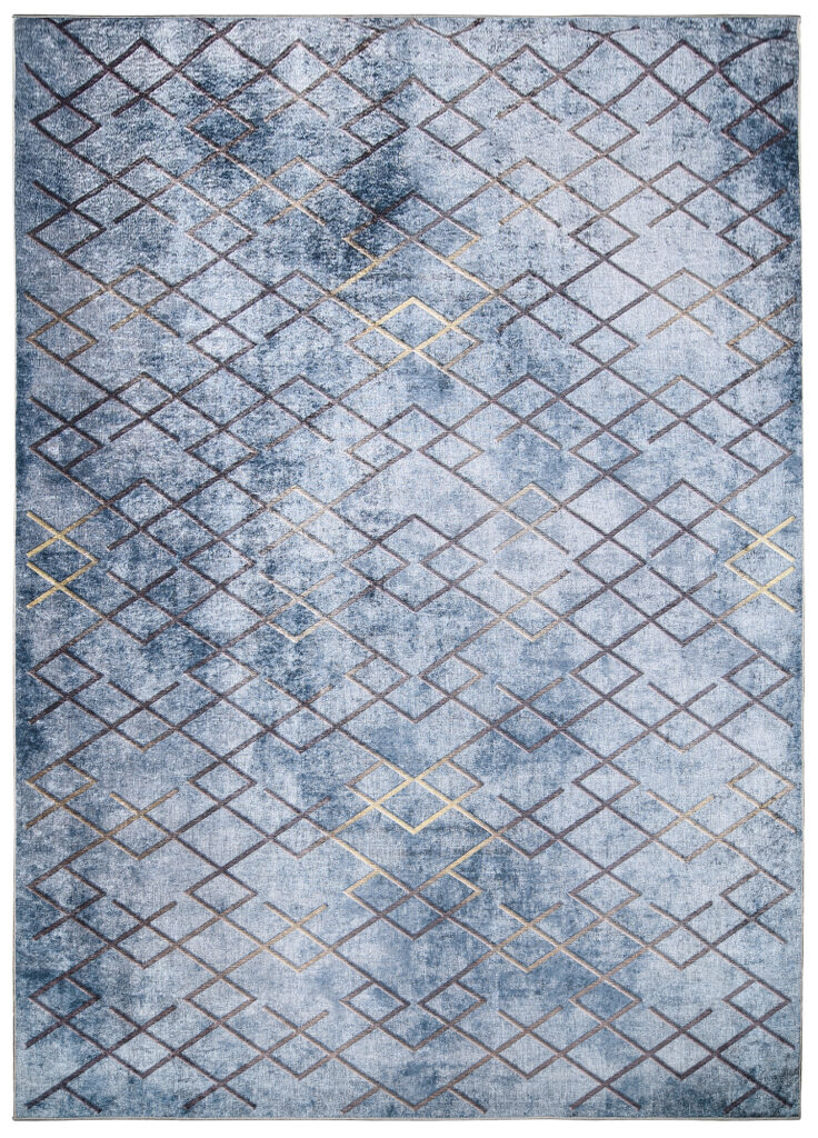 Vloerkleed Toscana Geometrisch Blauw Gouden Vierkanten