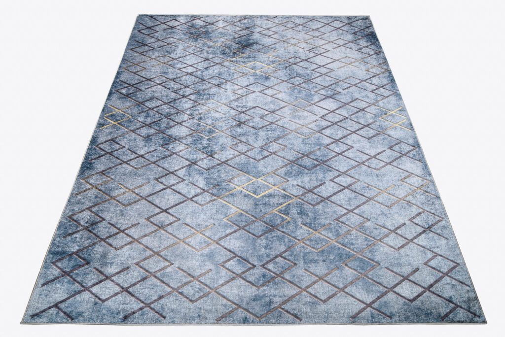 Vloerkleed Toscana Geometrisch Blauw Gouden Vierkanten