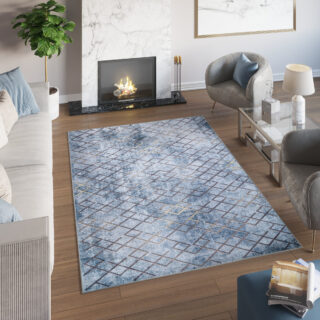 Vloerkleed Toscana Geometrisch Blauw Gouden Vierkanten