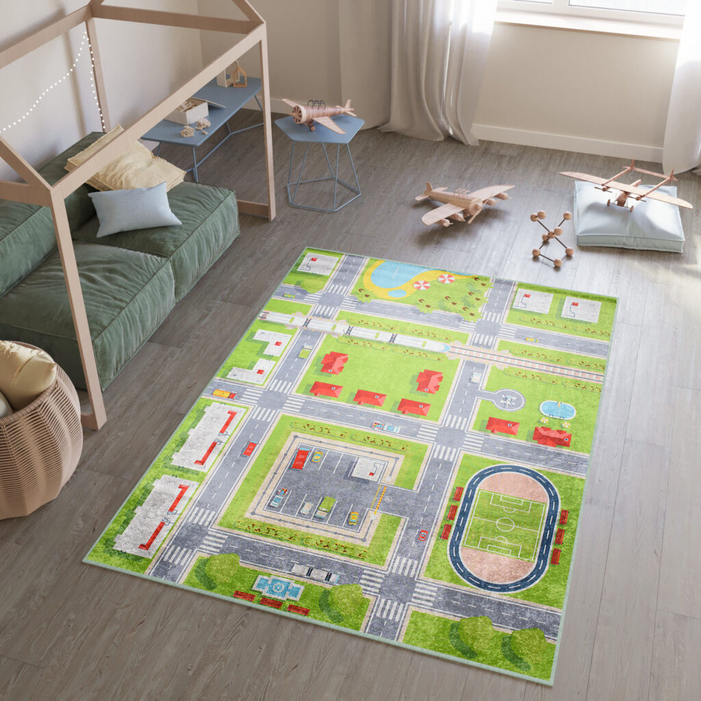 Vloerkleed Emma Kinderkamer Groen Stad Antislip