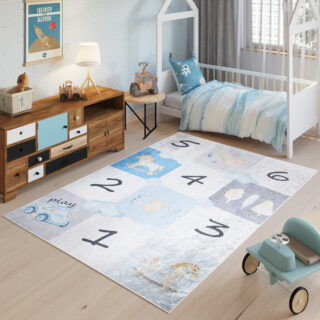 Vloerkleed Emma Kinderkamer Grijs Blauw Hinkelen Antislip
