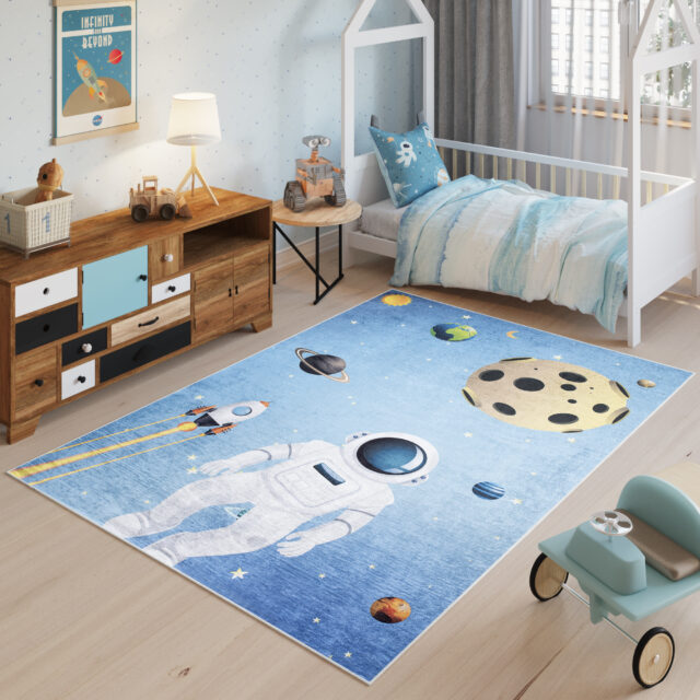 Vloerkleed Emma Kinderkamer Blauw Heelal Astronaut Antislip