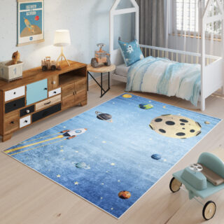 Vloerkleed Emma Kinderkamer Blauw Heelal Planeten Antislip