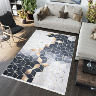 Vloerkleed Toscana met Franjes Grijs Goud Kubussen
