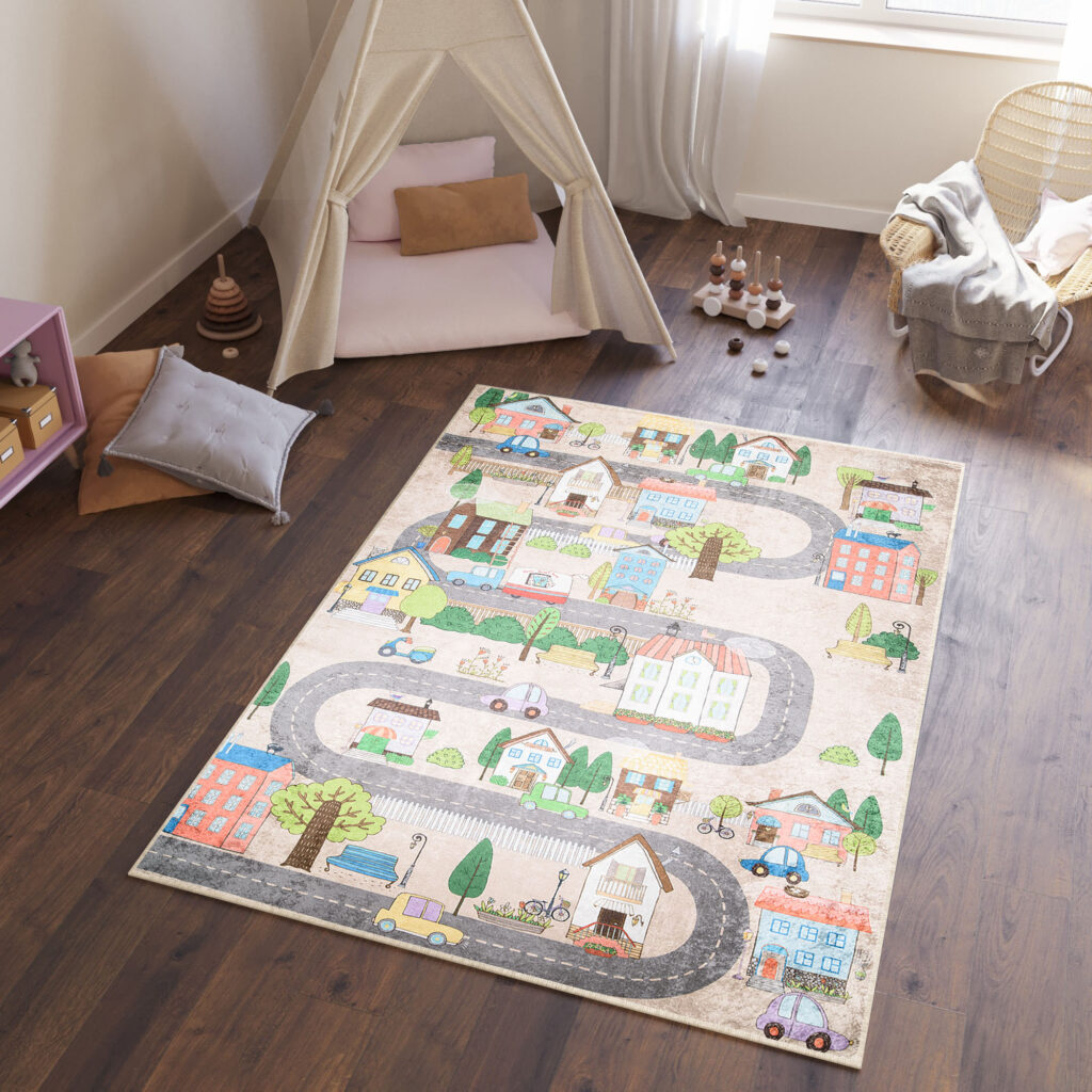 Vloerkleed Emma Kinderkamer Beige Pastelkleur Stad
