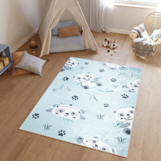 Vloerkleed Emma Antislip Wasbaar Blauw Grijs Panda's
