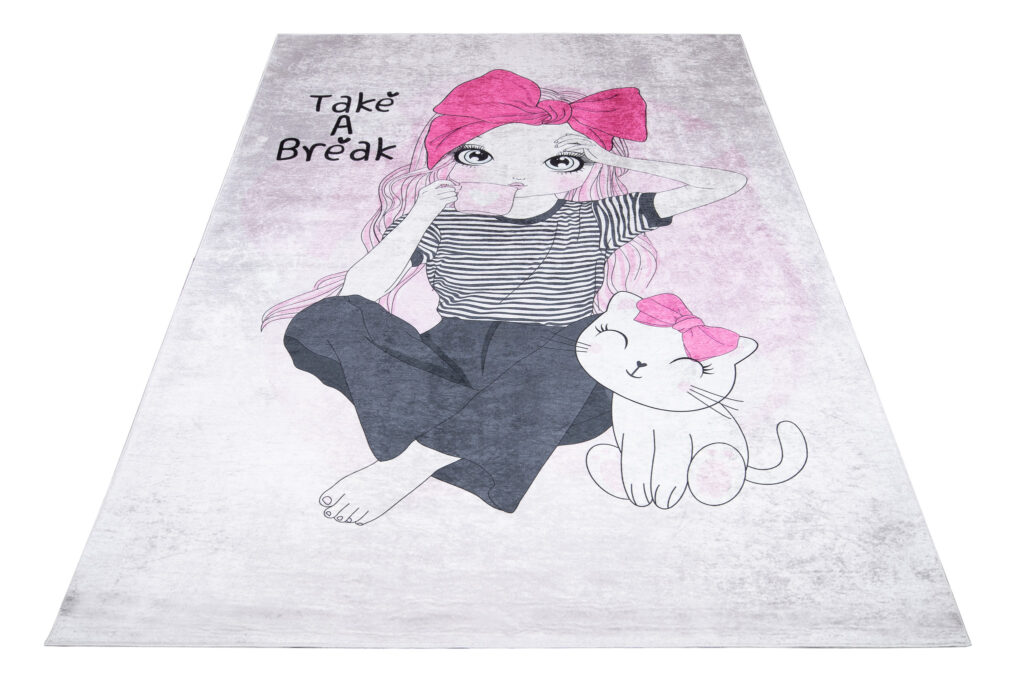Vloerkleed Emma Roze Grijs Meisje Poes Antislip