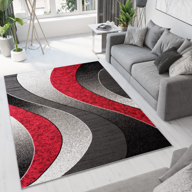 DREAM Vloerkleed Korte Pool Grijs Rood Abstract Golven Design