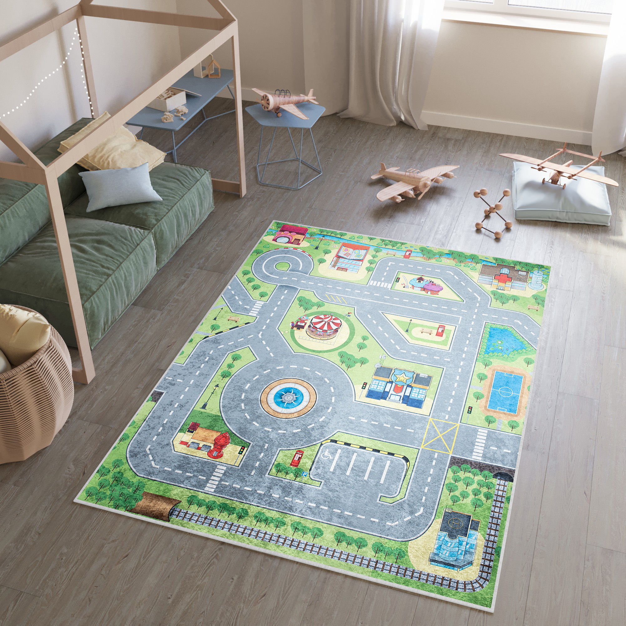 Vloerkleed Emma Antislip Wasbaar Groen Grijs Straat