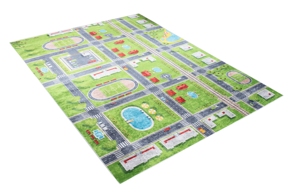 Vloerkleed Emma Kinderkamer Groen Grijs Stad Antislip