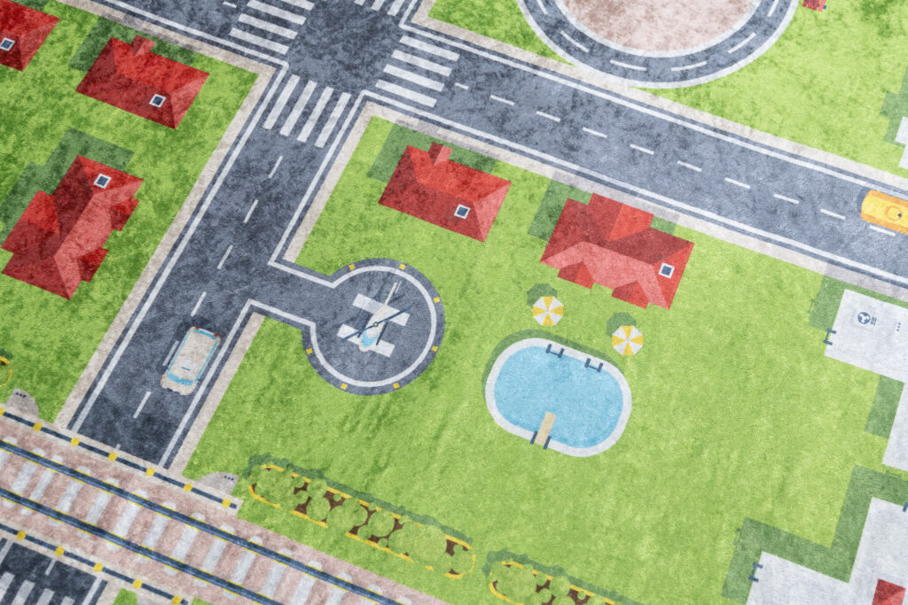 Vloerkleed Emma Kinderkamer Groen Grijs Stad Antislip