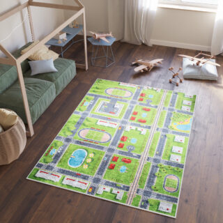 Vloerkleed Emma Kinderkamer Groen Grijs Stad Antislip