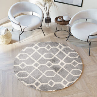 Vloerkleed Boho Rond Grijs Geometrisch Hoogpolig