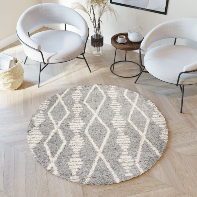 Vloerkleed Boho Rond Grijs Ruiten Hoogpolig