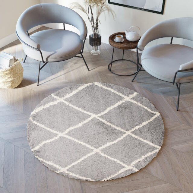 Vloerkleed Boho Rond Grijs Geruit Hoogpolig