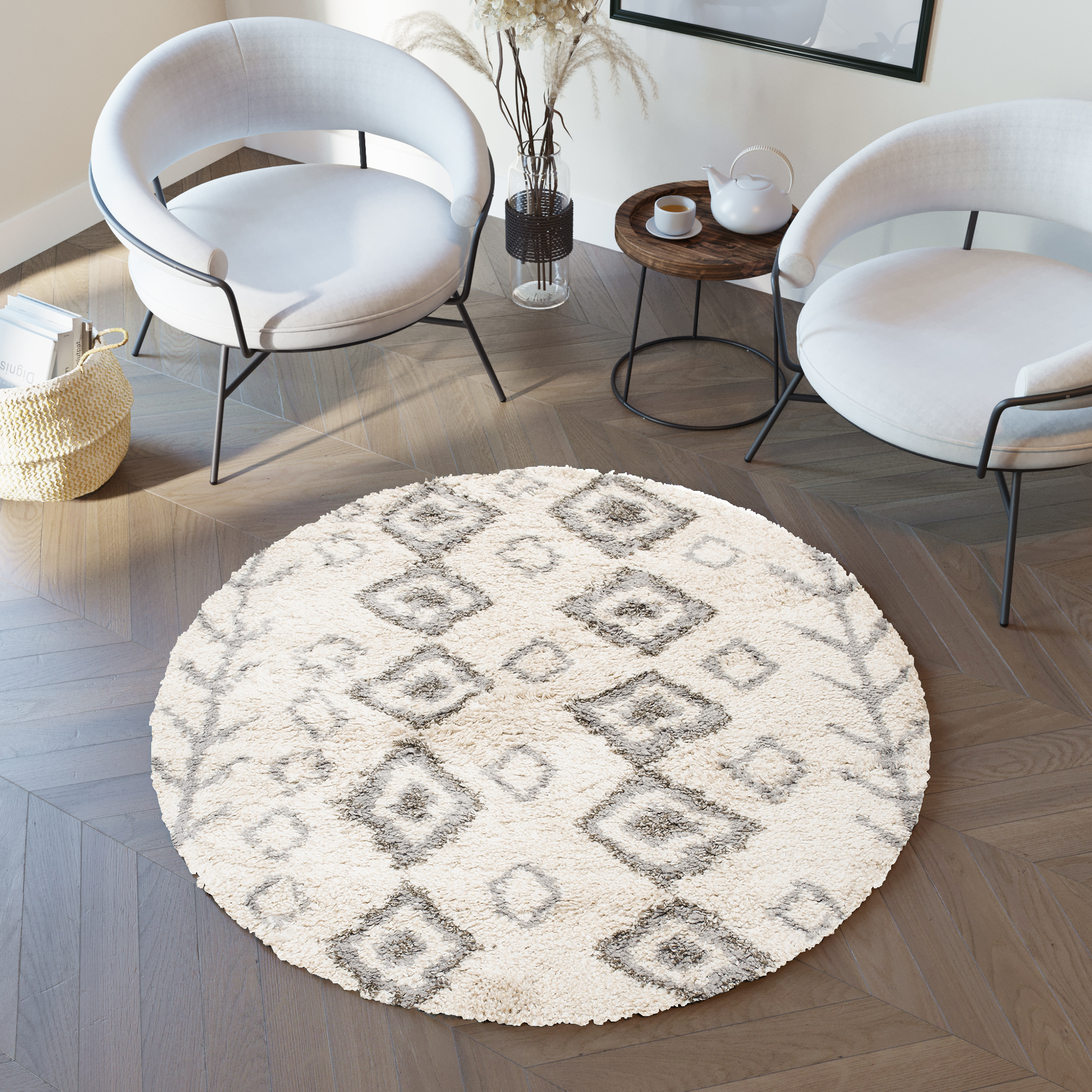 Vloerkleed Boho Rond Creme Ethno Hoogpolig