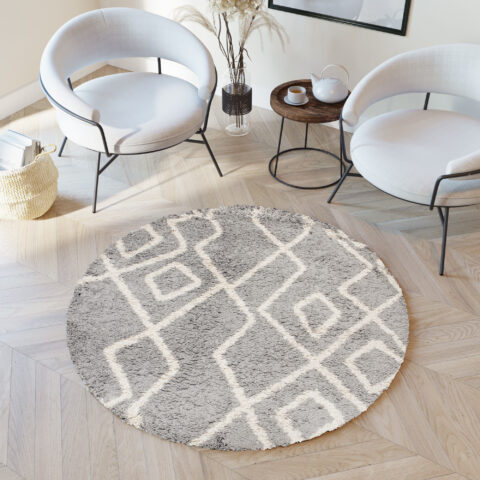 Vloerkleed Boho Rond Grijs Zigzag Hoogpolig