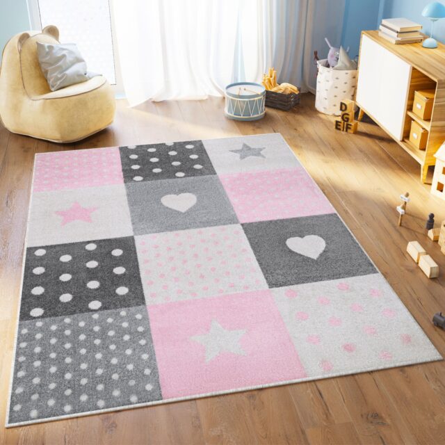 Vloerkleed Lazur Grijs Roze Vierkanten Kindertapijt