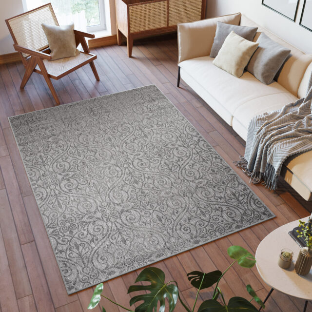 Vloerkleed Capri Grijs Indoor Outdoor Gebloemd Modern Sisal