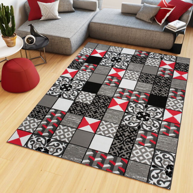 Vloerkleed Maya Grijs Rood Vierkant Mozaïek