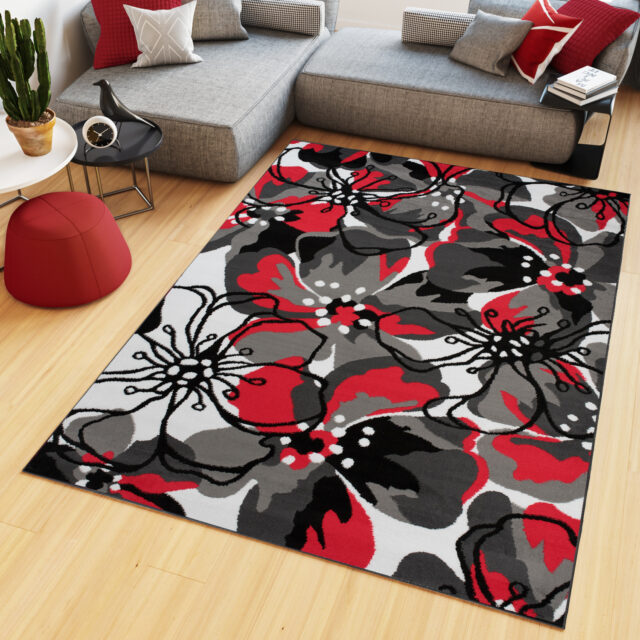 Vloerkleed Maya Grijs Rood Gebloemd