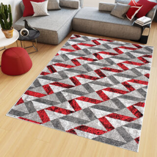Vloerkleed Maya Grijs Rood Abstract Zigzag