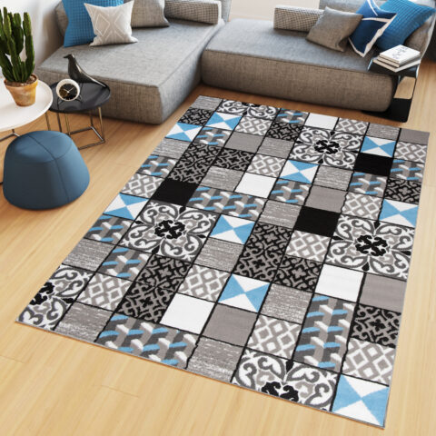 Vloerkleed Maya Grijs Blauw Vierkant Mozaïek