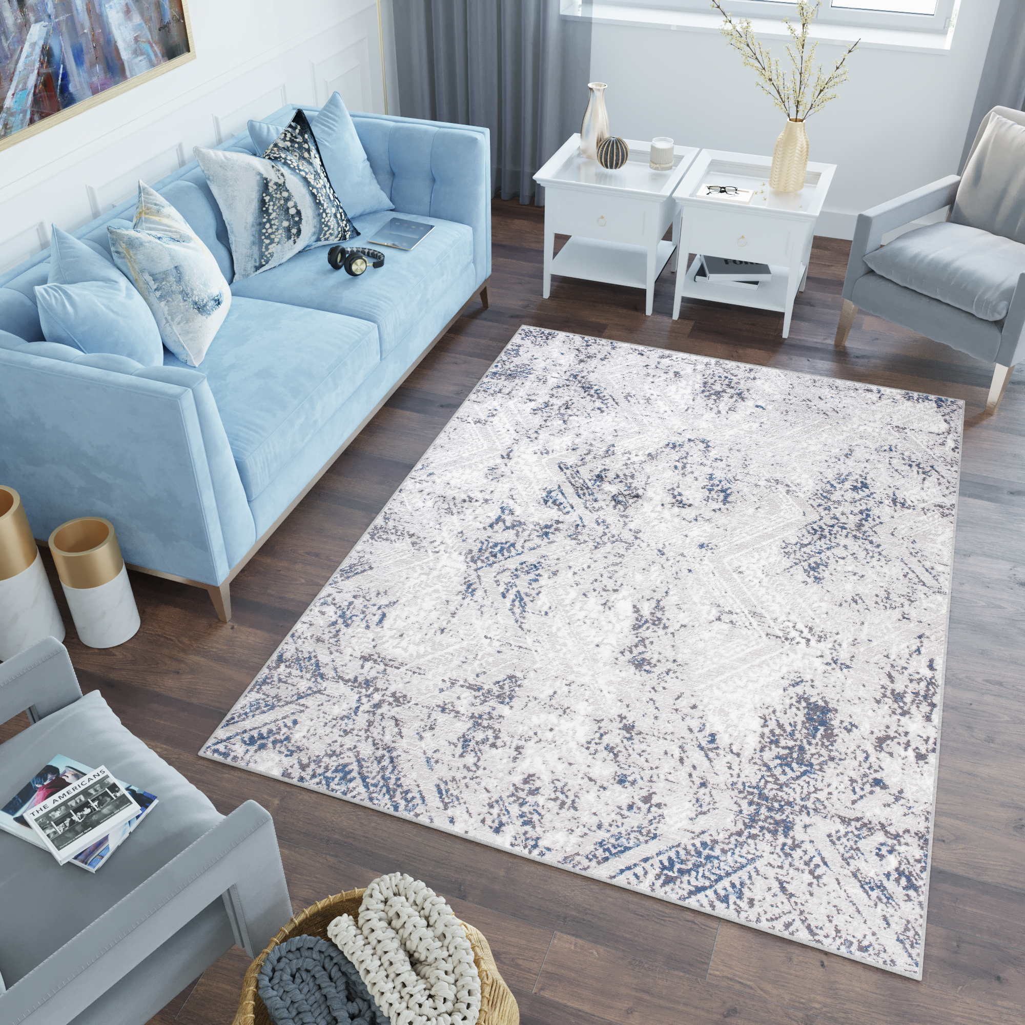 Vloerkleed Sky Blauw Creme Vintage Diamanten